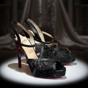 👠 COA Authentic Christian Louboutin Black Lace Platform Slingback Heels Sz 37.5